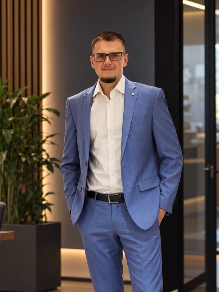 Daniel Turovskiy im Anzug in einem Büro